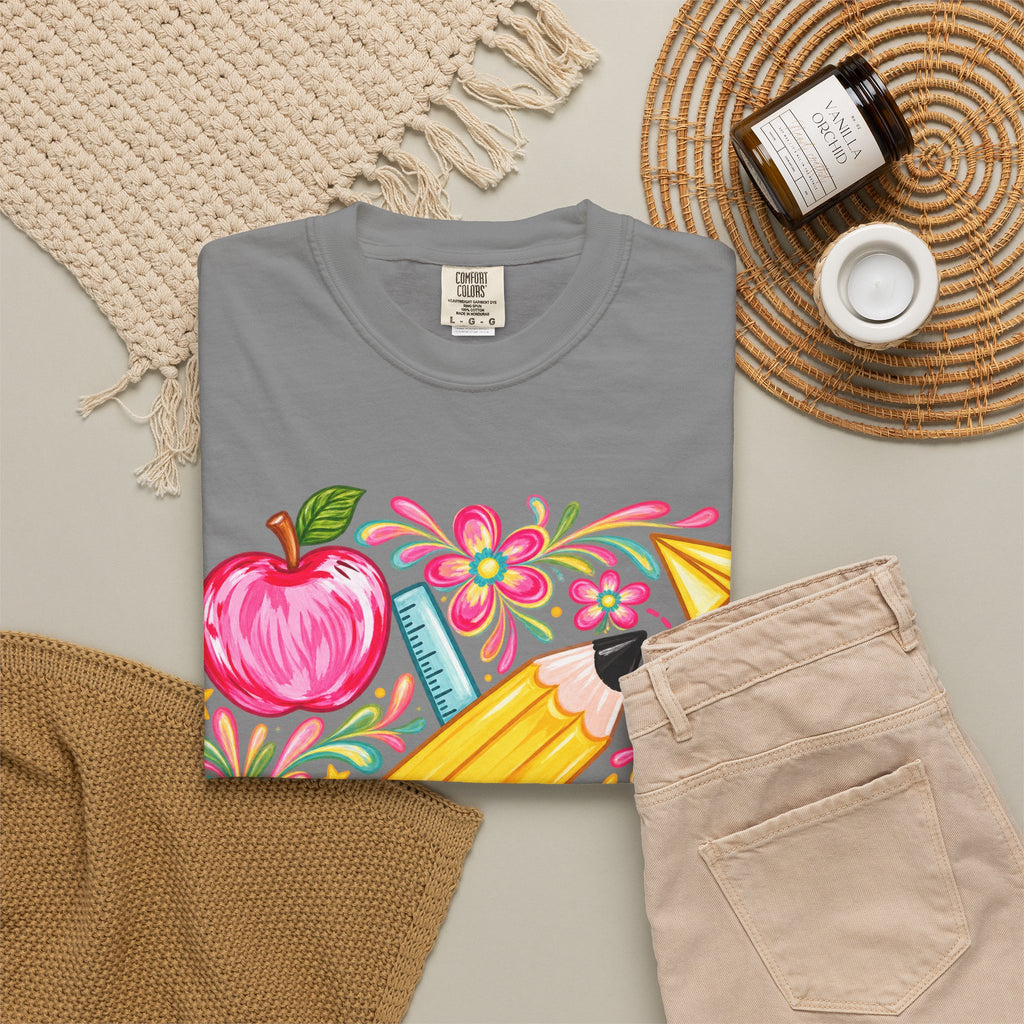 School Supplies Pencil Apple Floral T-shirt | Teacher Student Back to School