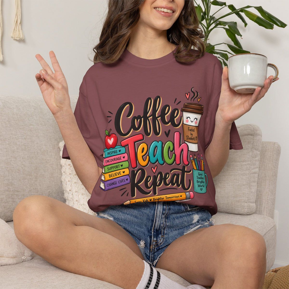 Coffee Teach Repeat T-shirt | Teacher Coffee Book Stack Pencil Mug Design