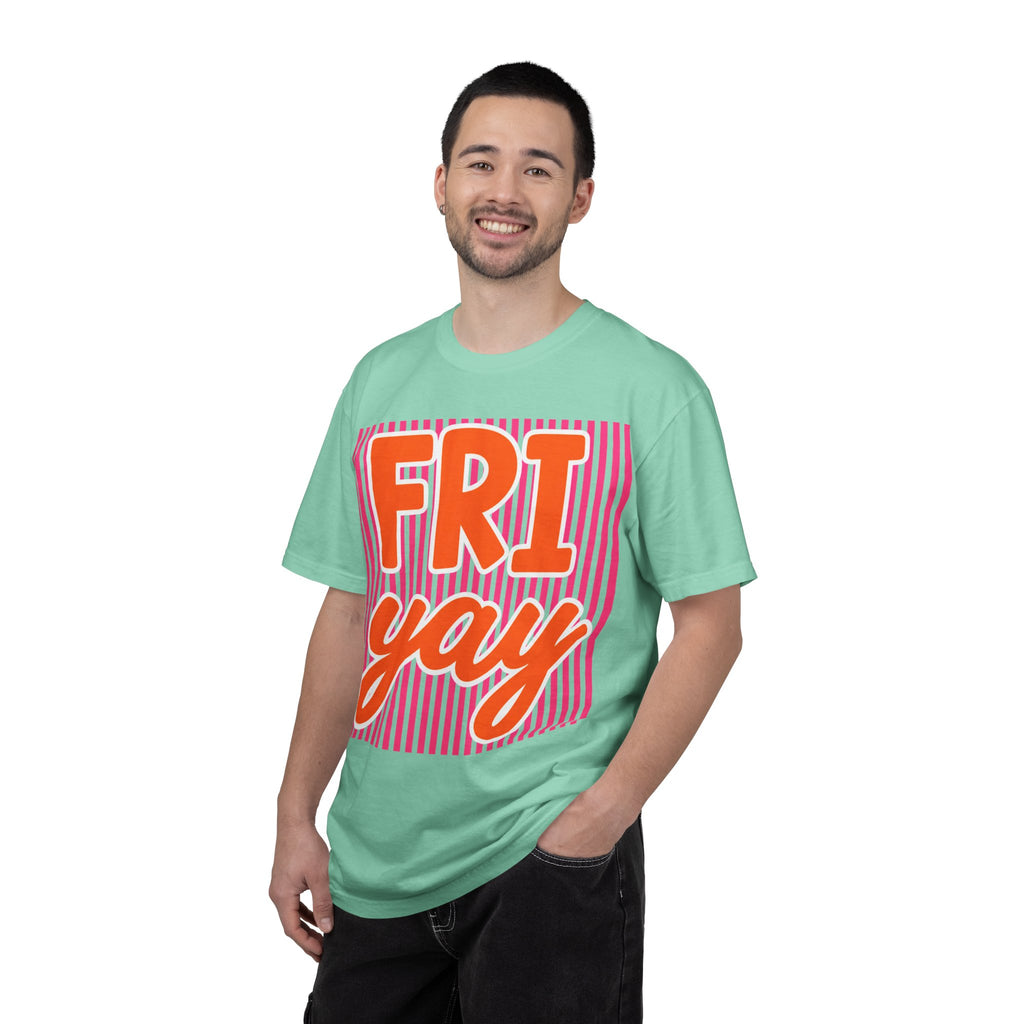 FRI yay T-shirt | Bright Retro Text, Pink Stripes