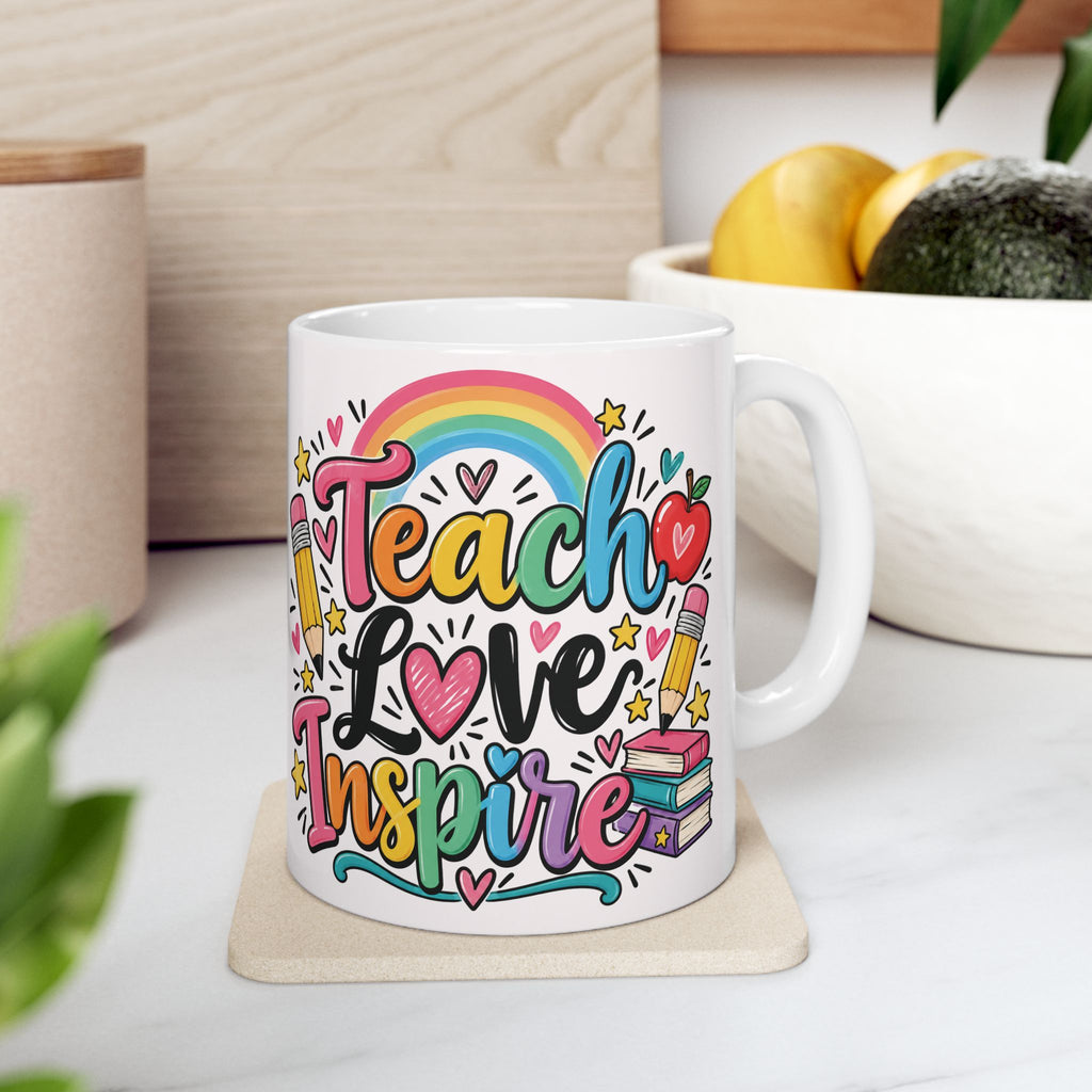 Teacher Love Inspire Mug | Cute Rainbow Pencil Apple Books Design