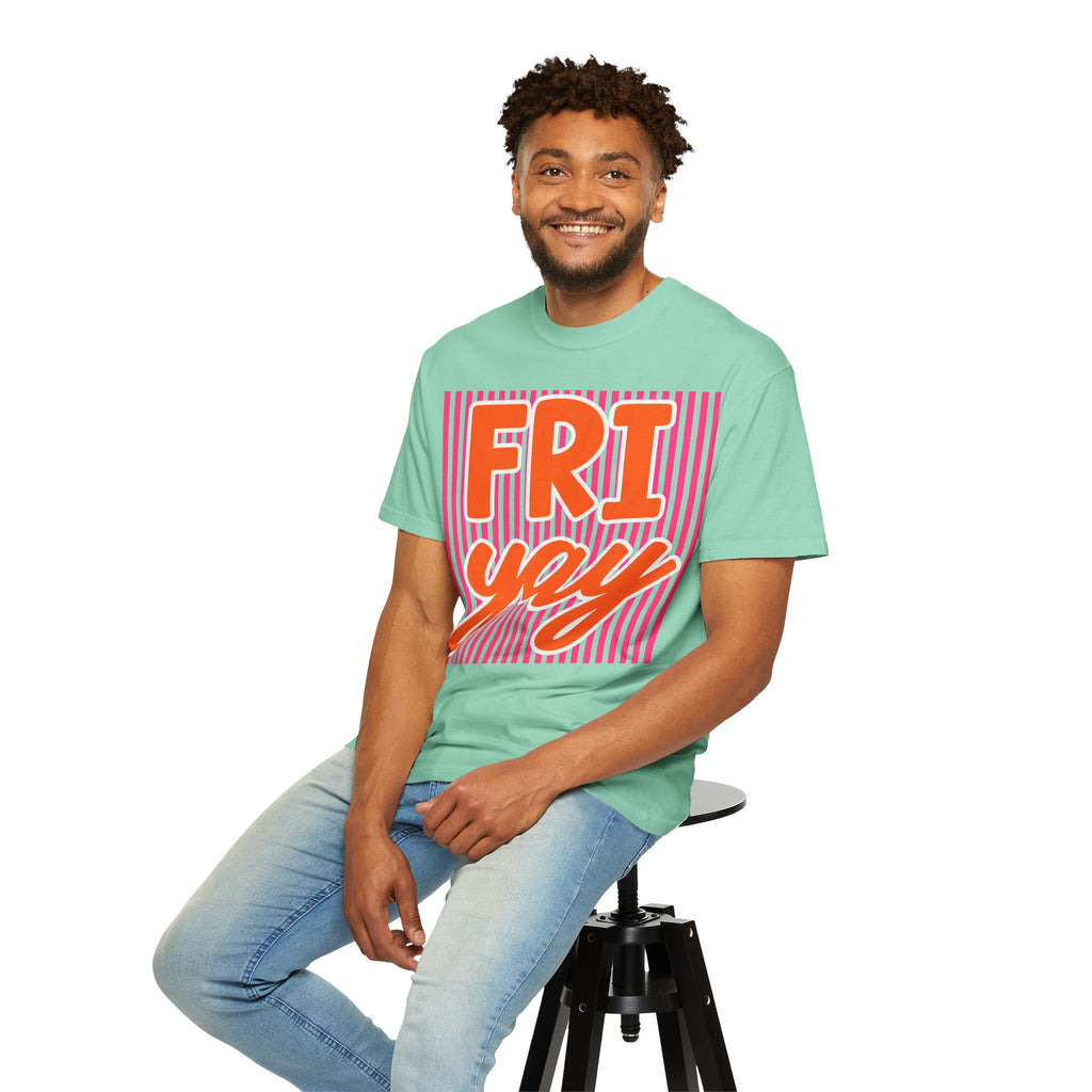 FRI yay T-shirt | Bright Retro Text, Pink Stripes