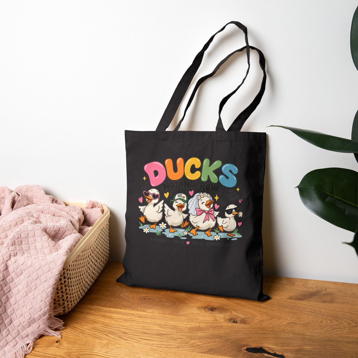 Ducks Not In A Row Tote Bag | Cartoon Ducks Canvas Tote