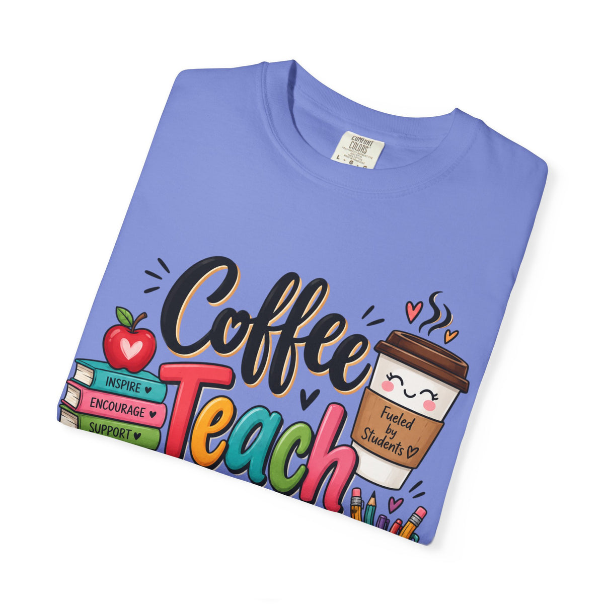 Coffee Teach Repeat T-shirt | Teacher Coffee Book Stack Pencil Mug Design