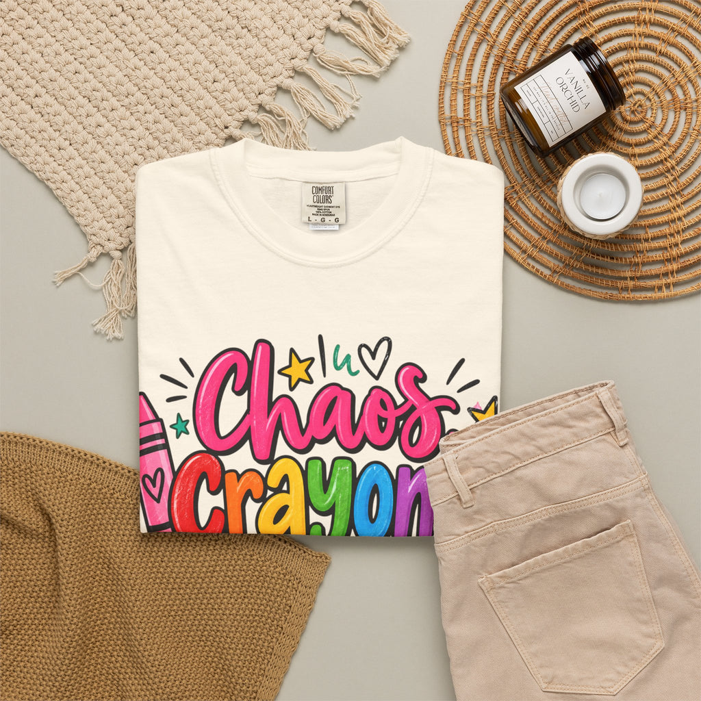 Chaos Crayons & Confidence T-shirt | Colorful Crayon School Art Tee