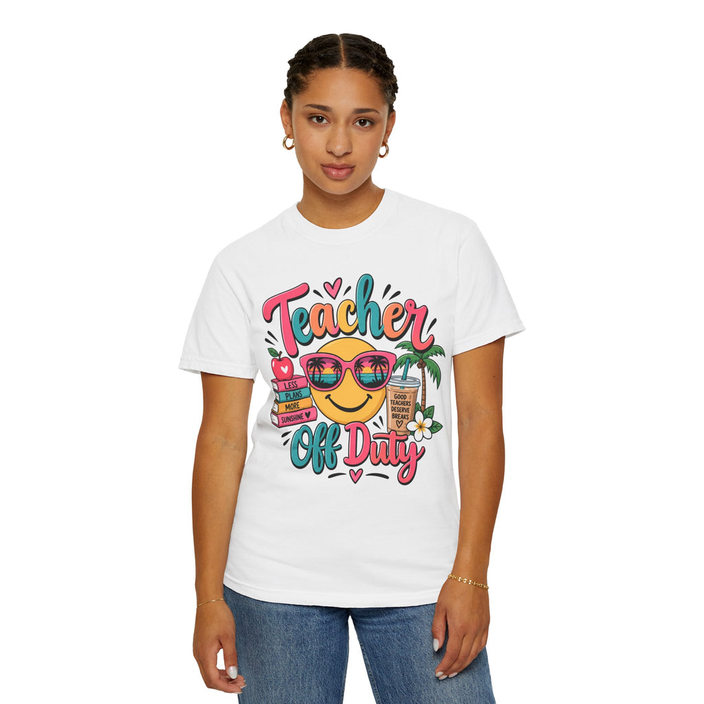 Teacher Off Duty T-shirt | Smiley Sunglasses, Books, Palm Trees, Coffee