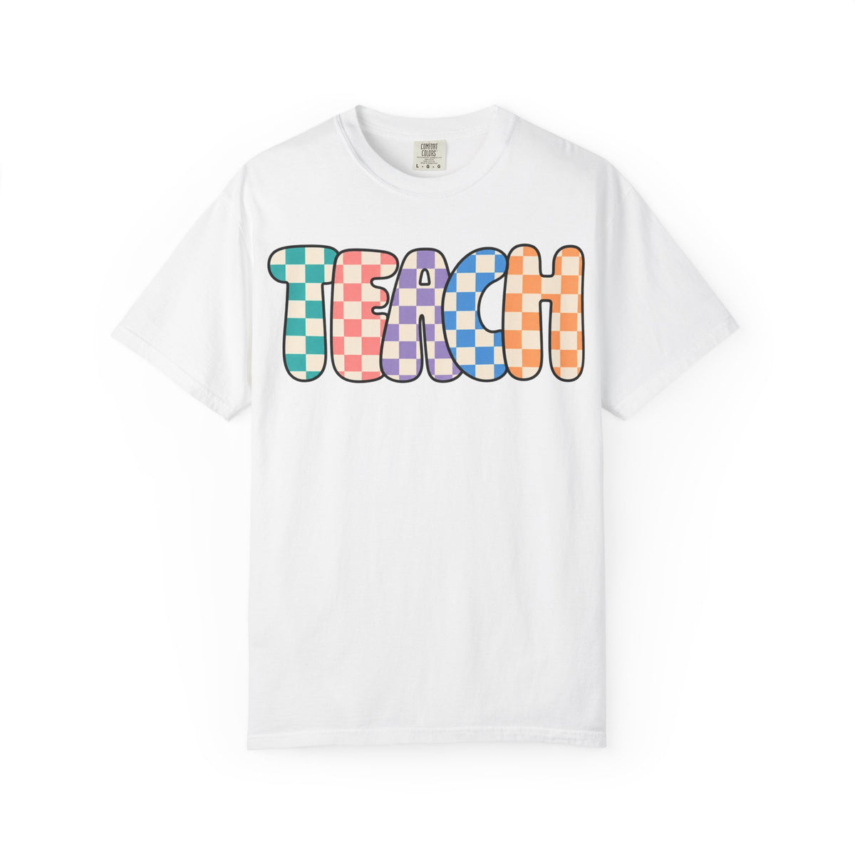 Teach Bubble Letters Checkerboard T-Shirt | Colorful Retro School Tee