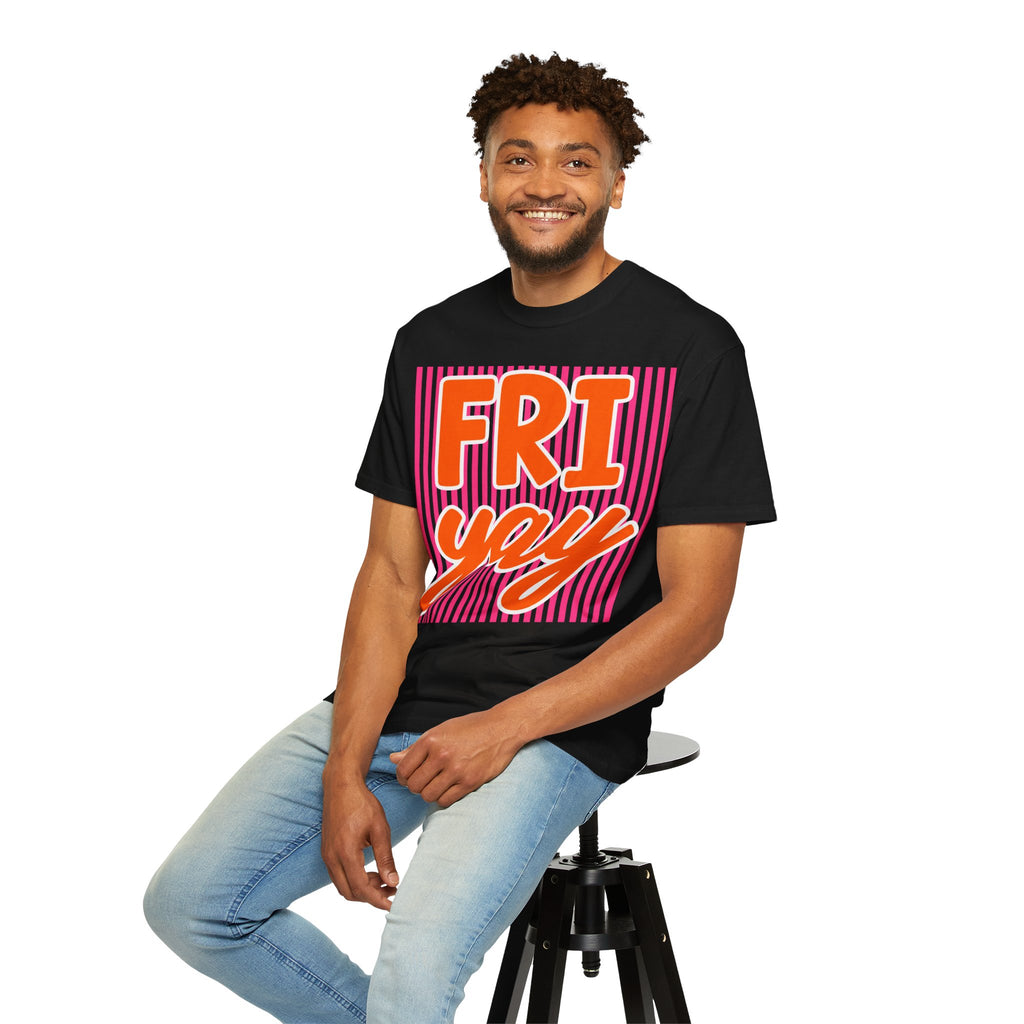 FRI yay T-shirt | Bright Retro Text, Pink Stripes