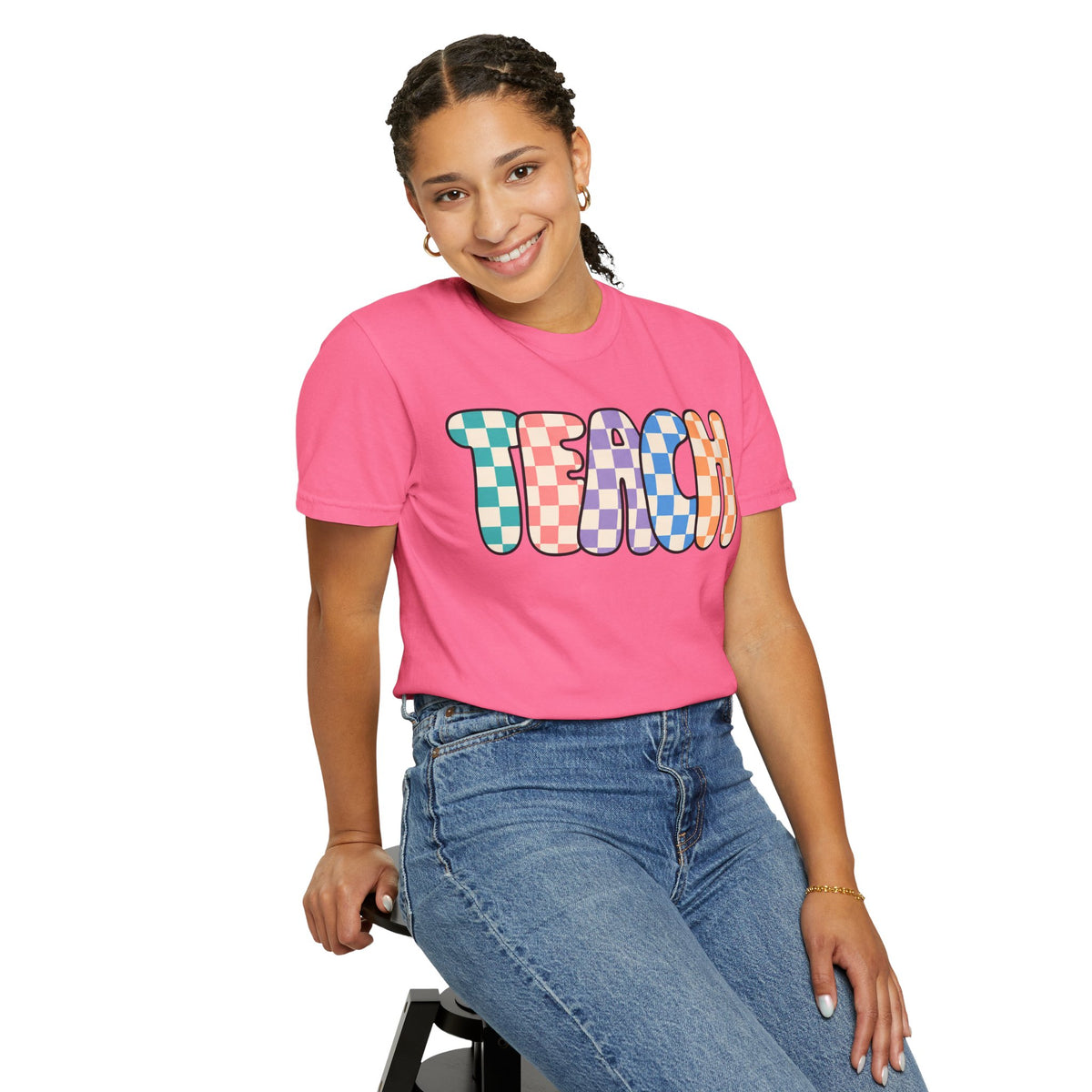 Teach Bubble Letters Checkerboard T-Shirt | Colorful Retro School Tee