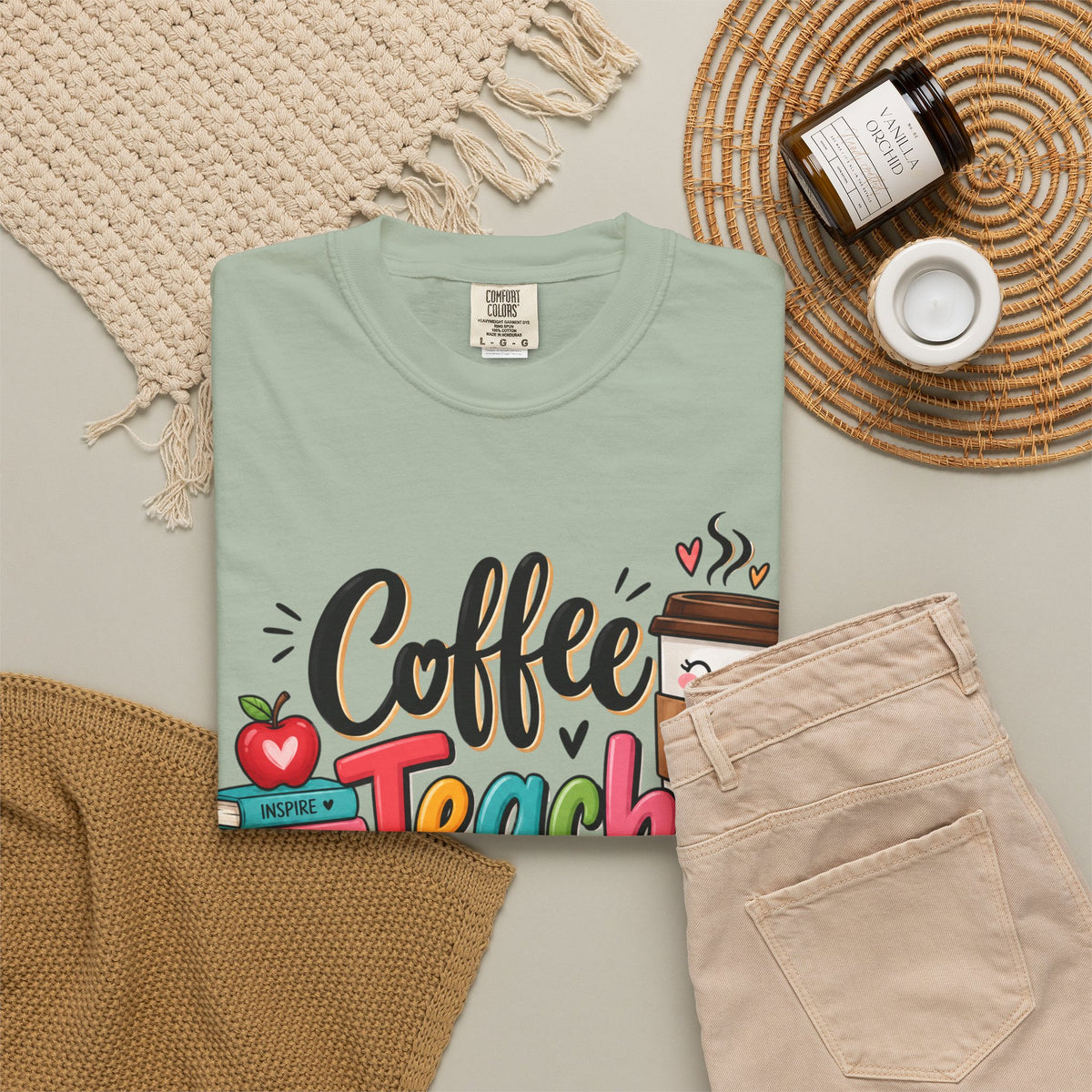 Coffee Teach Repeat T-shirt | Teacher Coffee Book Stack Pencil Mug Design