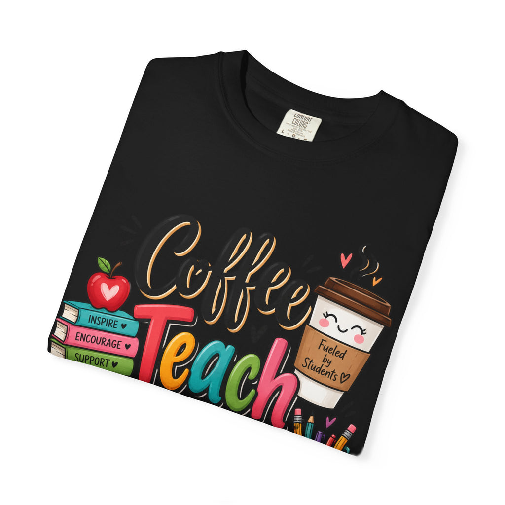 Coffee Teach Repeat T-shirt | Teacher Coffee Book Stack Pencil Mug Design