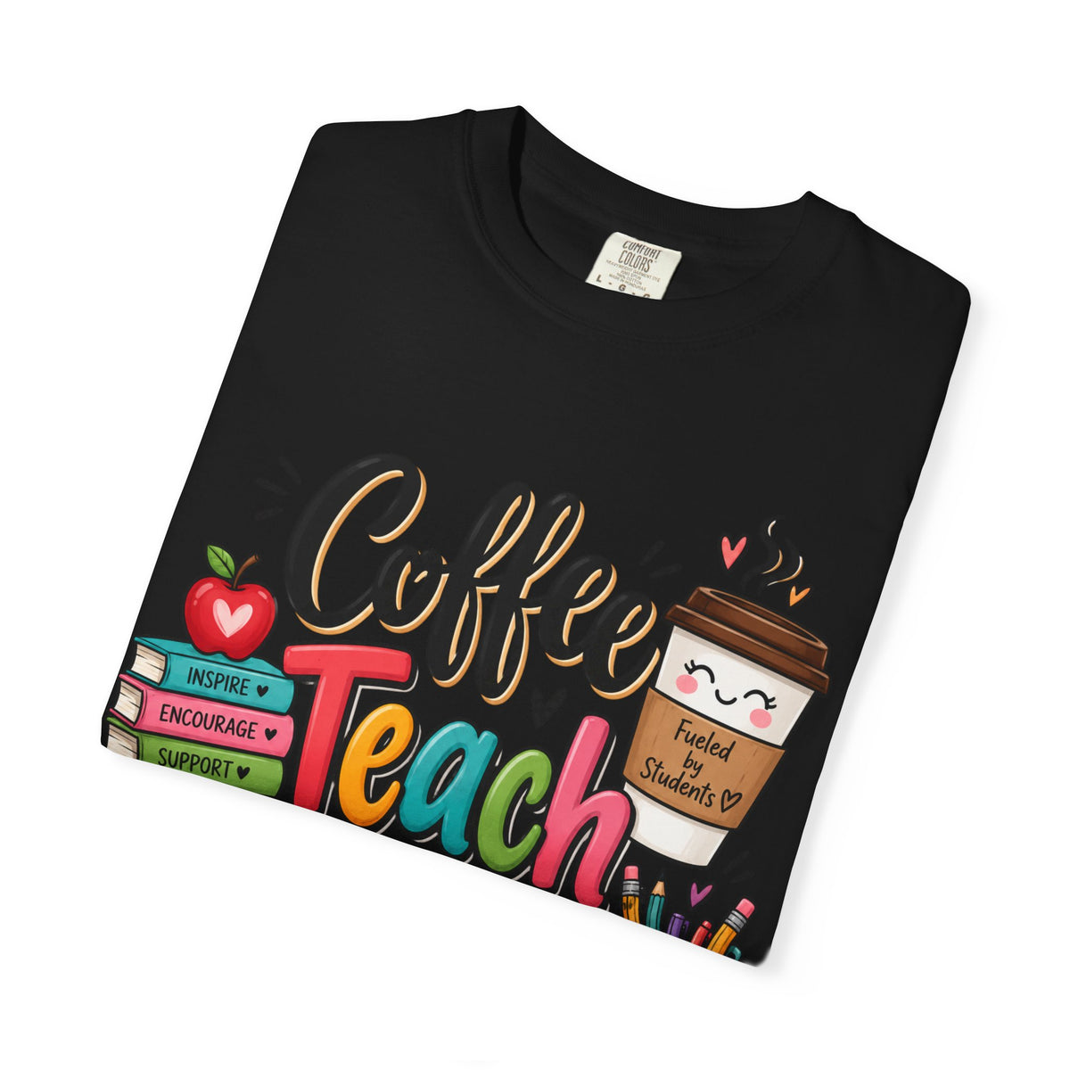 Coffee Teach Repeat T-shirt | Teacher Coffee Book Stack Pencil Mug Design