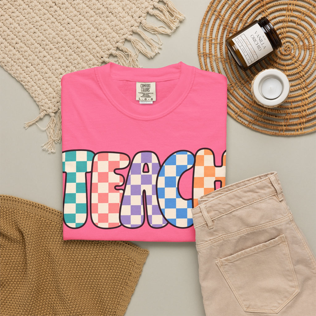 Teach Bubble Letters Checkerboard T-Shirt | Colorful Retro School Tee