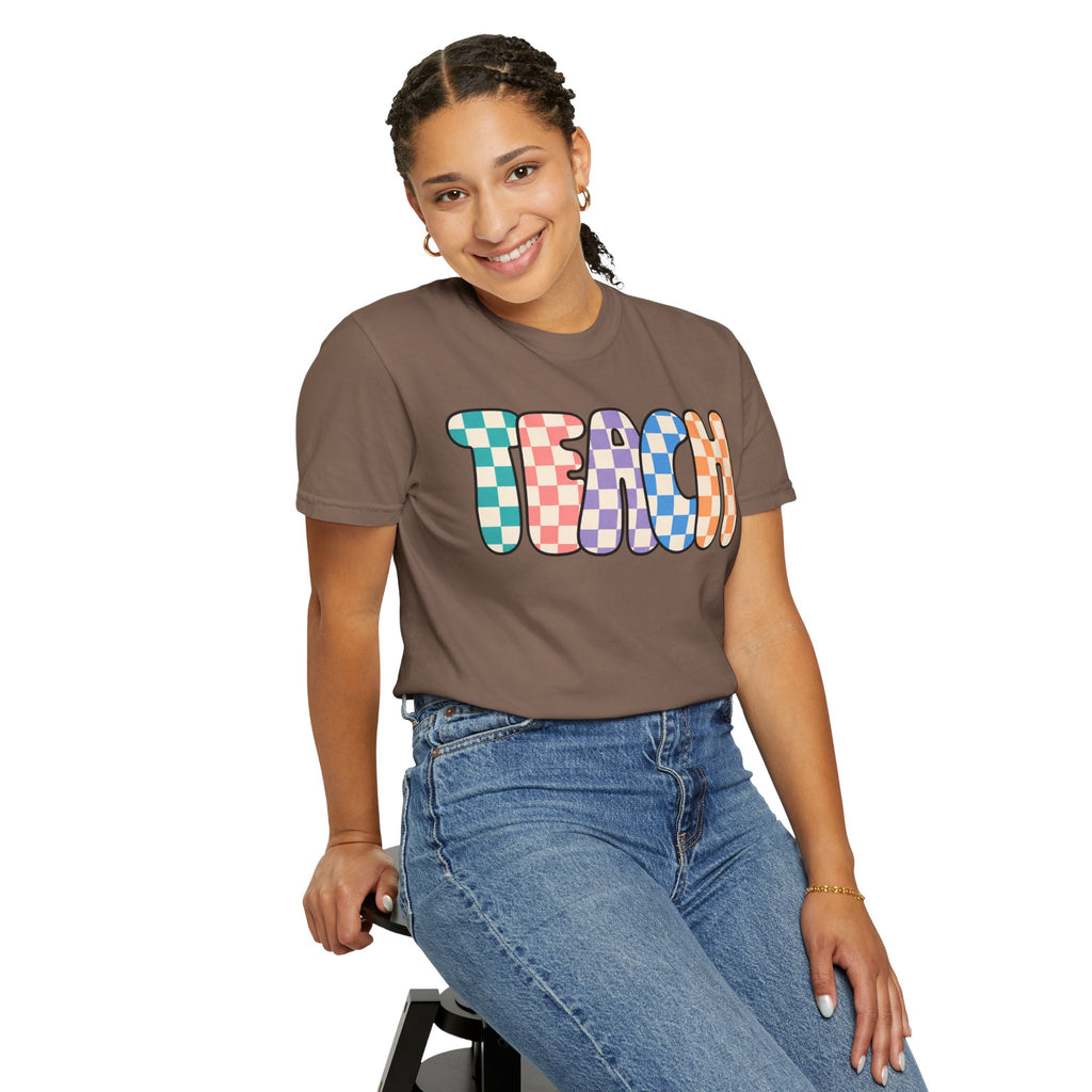 Teach Bubble Letters Checkerboard T-Shirt | Colorful Retro School Tee