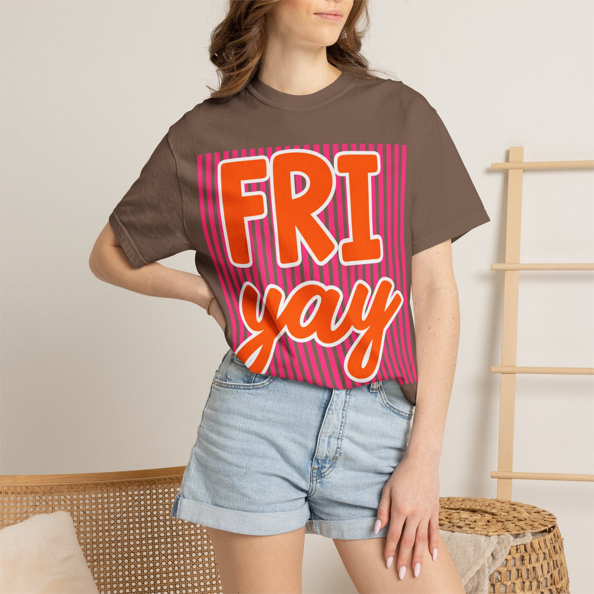 FRI yay T-shirt | Bright Retro Text, Pink Stripes
