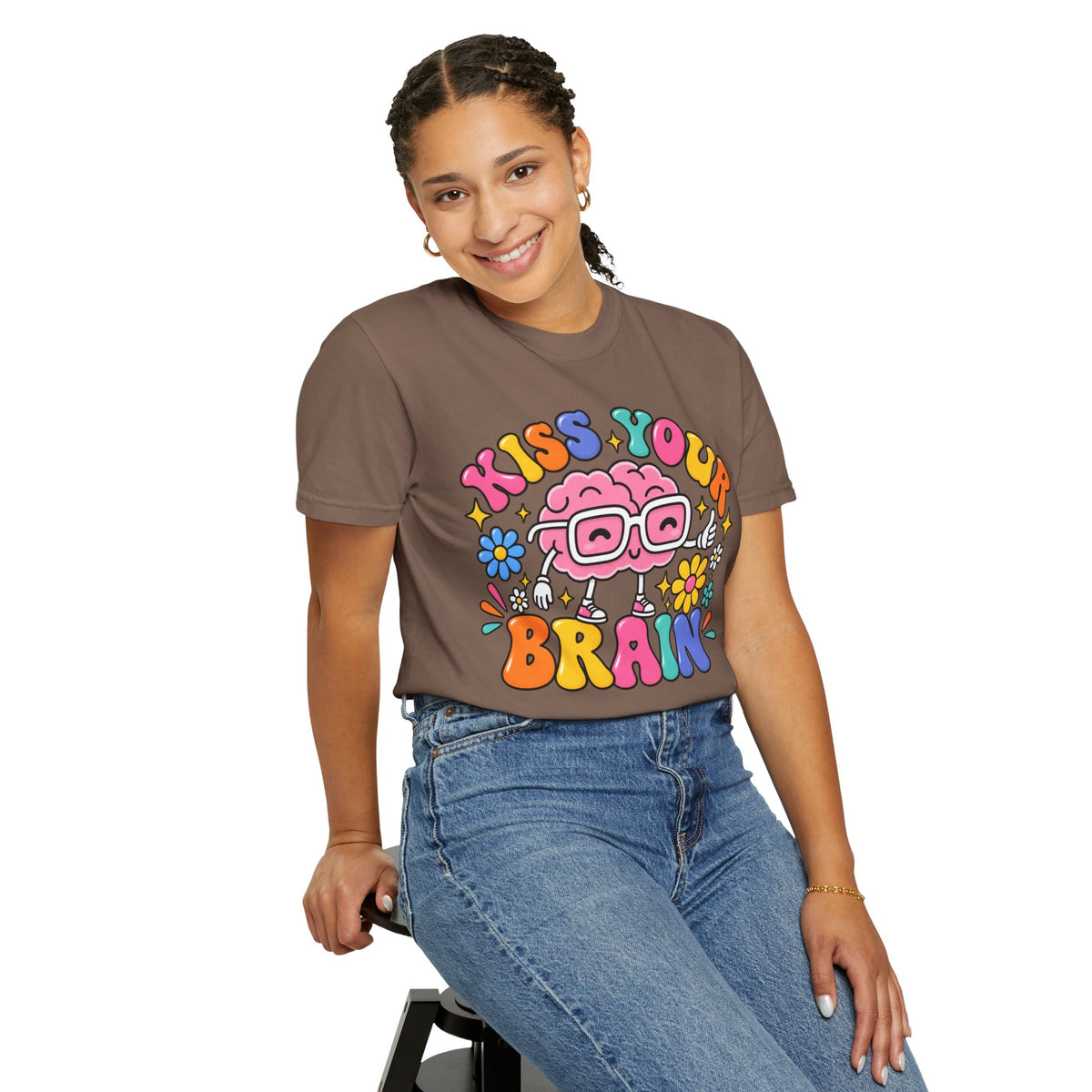 Kiss Your Brain BRI TEE | T-Shirt, Retro Cartoon Brain with Flowers