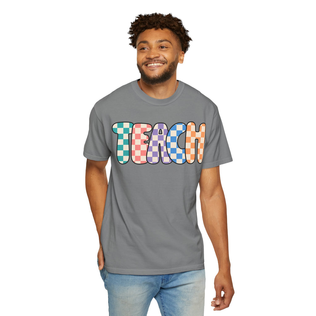 Teach Bubble Letters Checkerboard T-Shirt | Colorful Retro School Tee