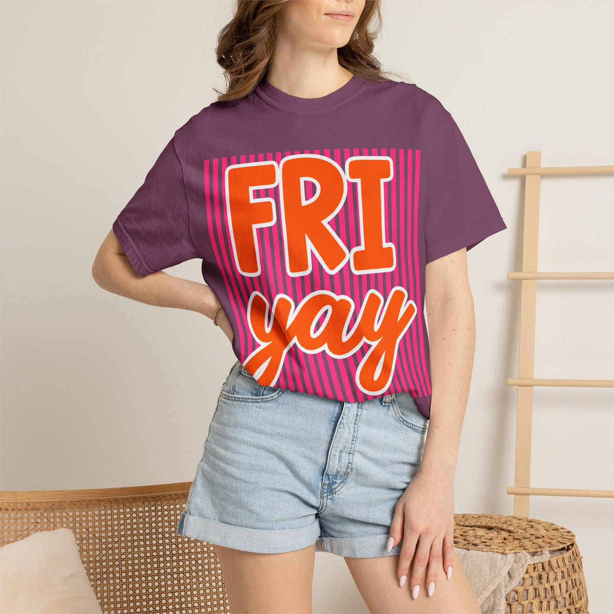 FRI yay T-shirt | Bright Retro Text, Pink Stripes