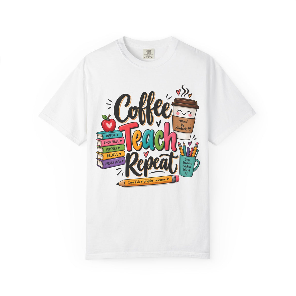 Coffee Teach Repeat T-shirt | Teacher Coffee Book Stack Pencil Mug Design