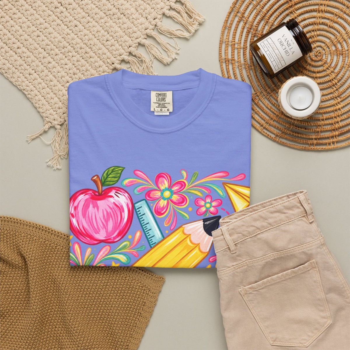 School Supplies Pencil Apple Floral T-shirt | Teacher Student Back to School