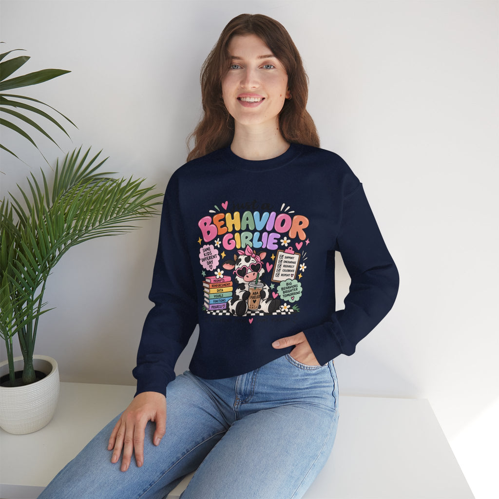 Just a Behavior Girl Crewneck Sweatshirt | Cute Cow Character, Books & Therapy Icons
