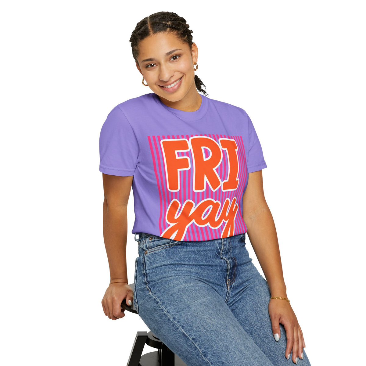 FRI yay T-shirt | Bright Retro Text, Pink Stripes