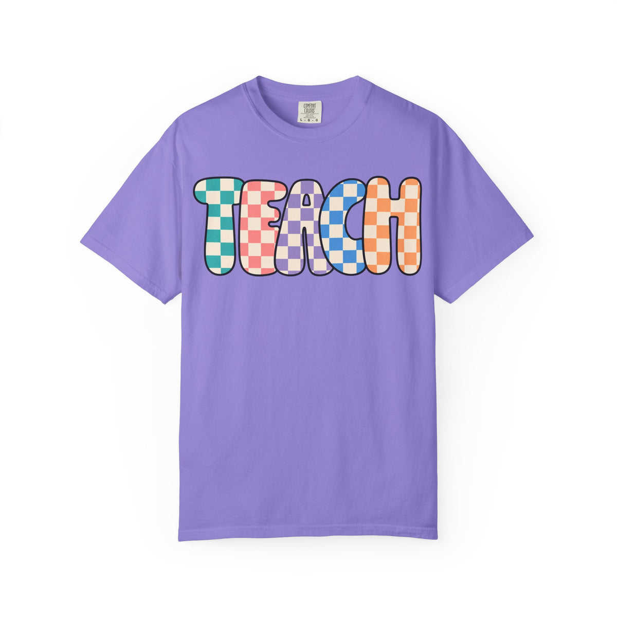 Teach Bubble Letters Checkerboard T-Shirt | Colorful Retro School Tee