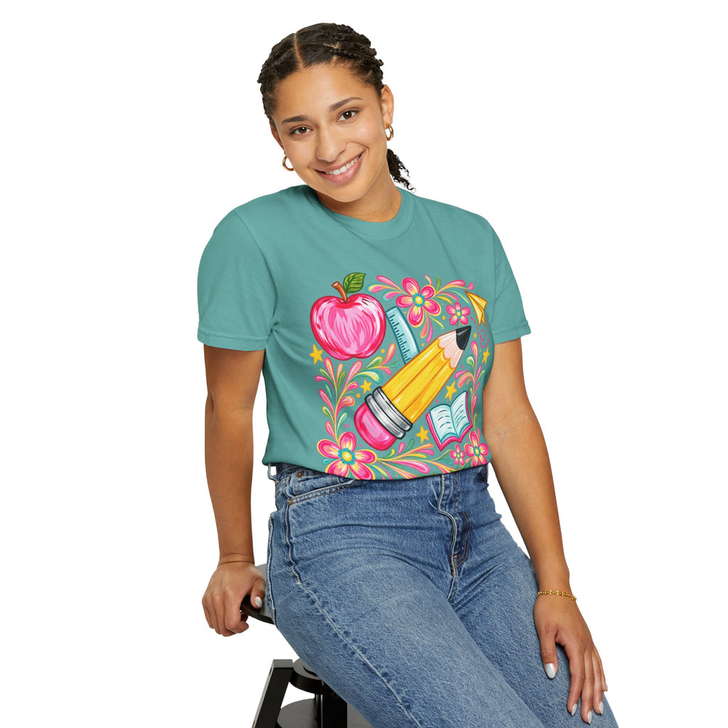 School Supplies Pencil Apple Floral T-shirt | Teacher Student Back to School