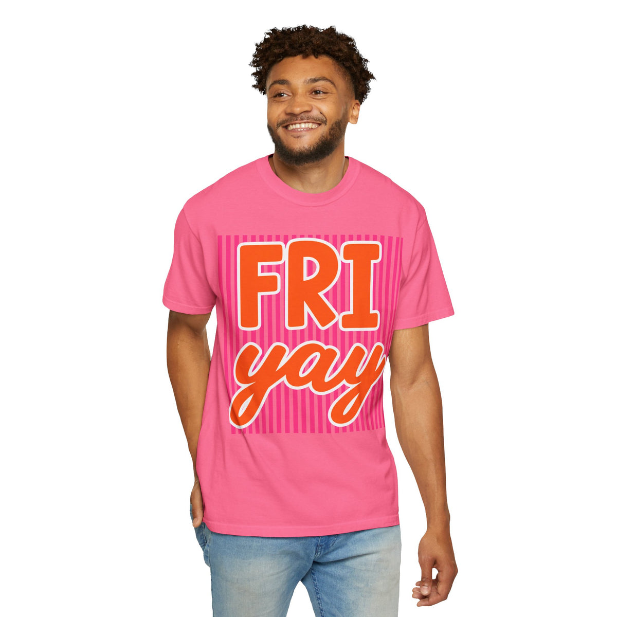 FRI yay T-shirt | Bright Retro Text, Pink Stripes