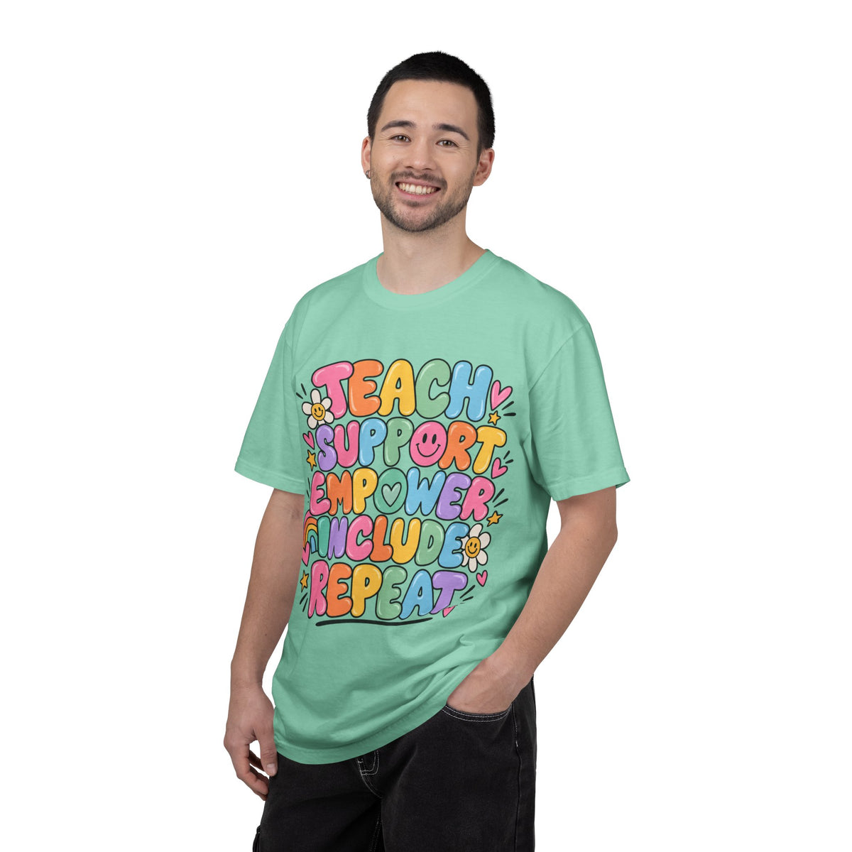 Teach Support Empower Include Repeat T-shirt | Rainbow Positivity Tee