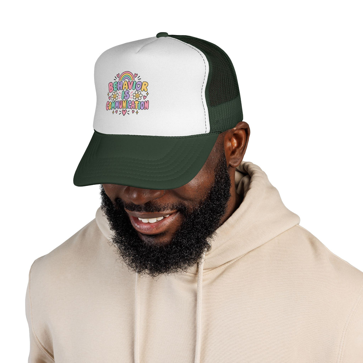 Behavior Is Communication Trucker Cap | Rainbow Floral Illustration