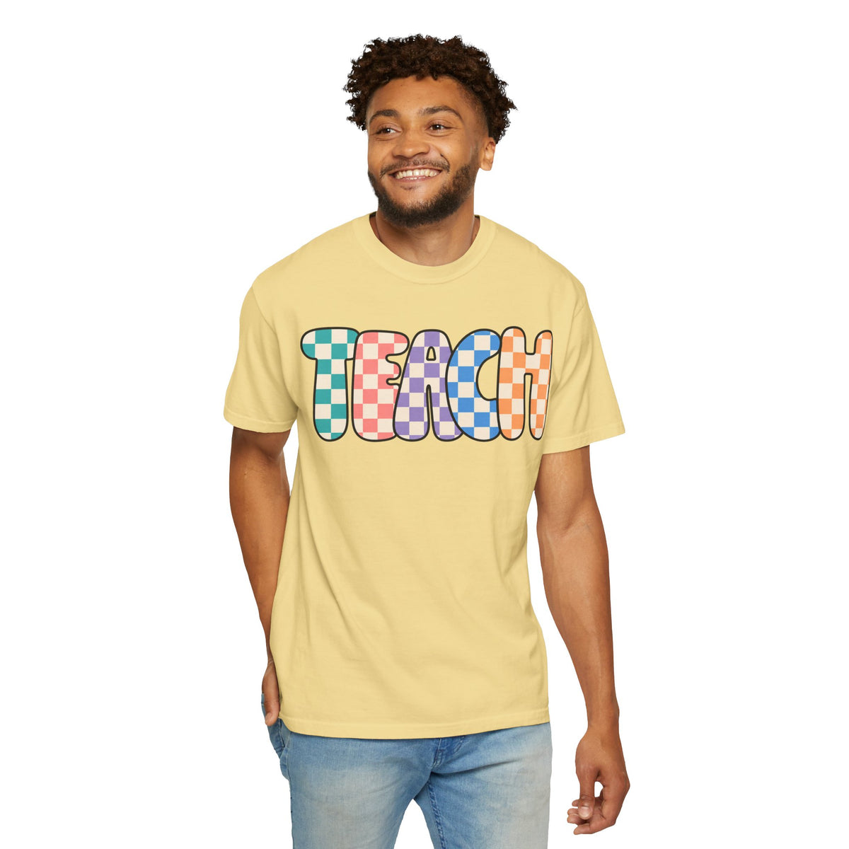 Teach Bubble Letters Checkerboard T-Shirt | Colorful Retro School Tee