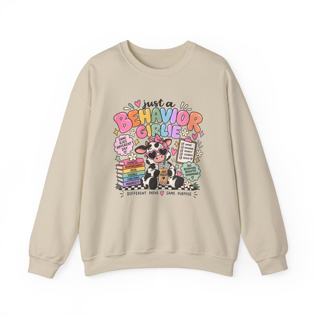 Just a Behavior Girl Crewneck Sweatshirt | Cute Cow Character, Books & Therapy Icons