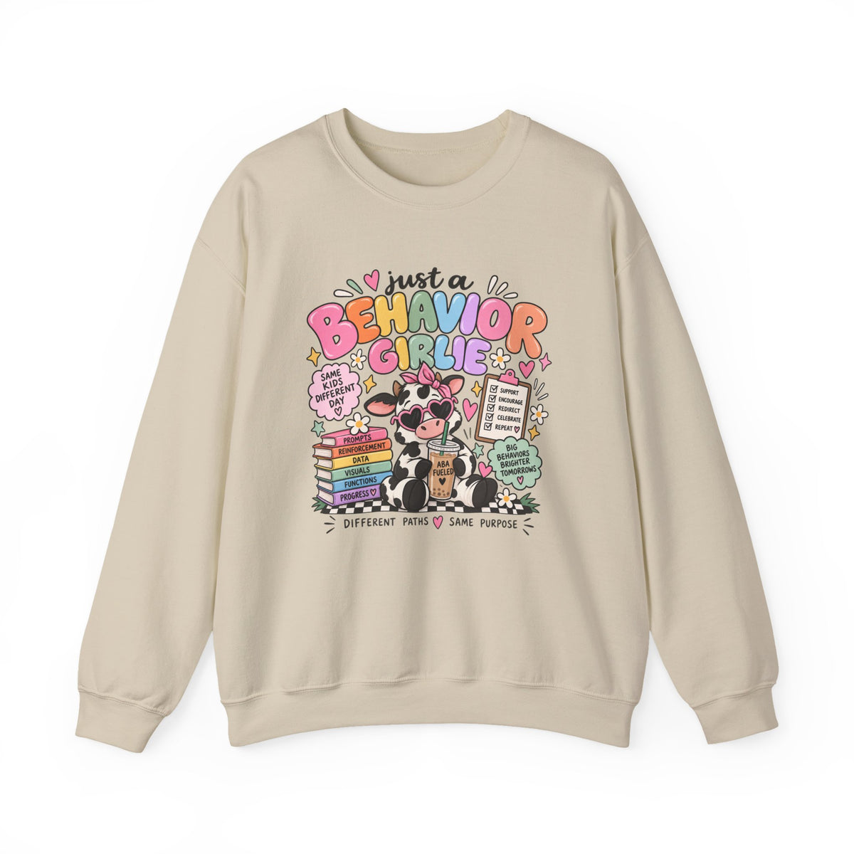 Just a Behavior Girl Crewneck Sweatshirt | Cute Cow Character, Books & Therapy Icons