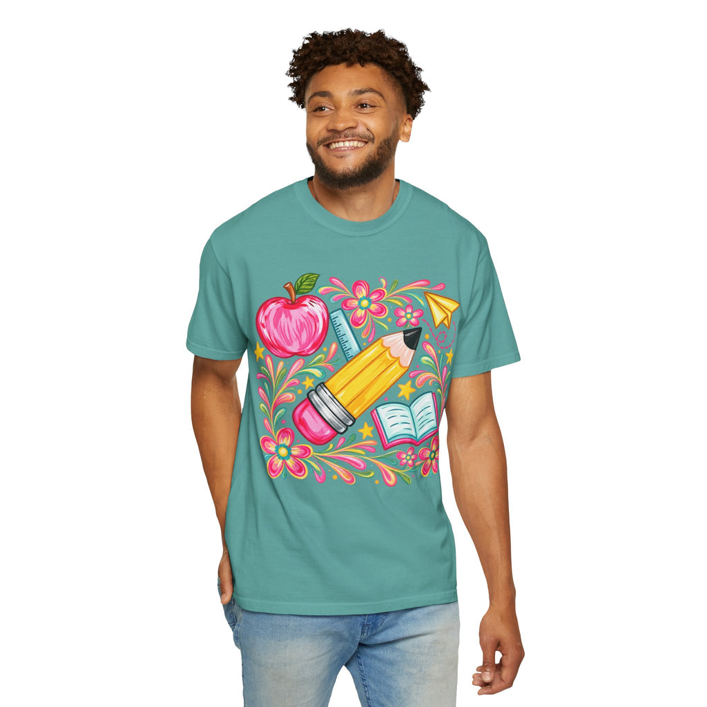 School Supplies Pencil Apple Floral T-shirt | Teacher Student Back to School