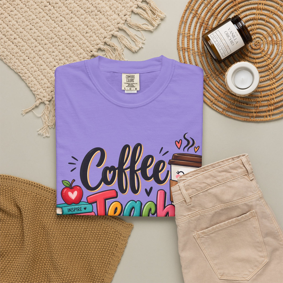 Coffee Teach Repeat T-shirt | Teacher Coffee Book Stack Pencil Mug Design