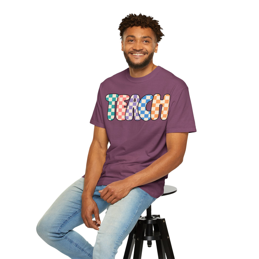 Teach Bubble Letters Checkerboard T-Shirt | Colorful Retro School Tee