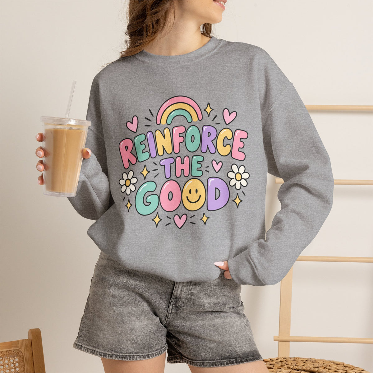 Reinforce the Good Crewneck | Rainbow Heart Daisy Positive Message Sweatshirt