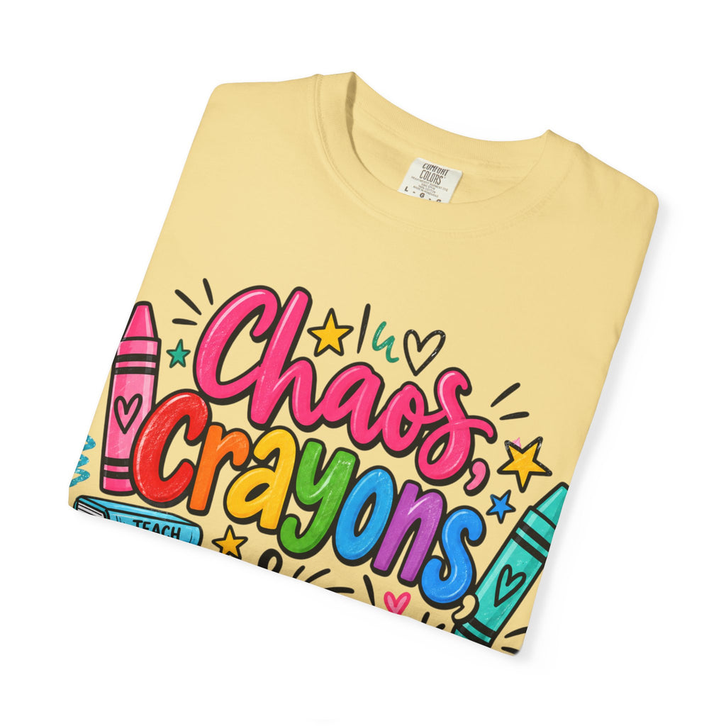 Chaos Crayons & Confidence T-shirt | Colorful Crayon School Art Tee