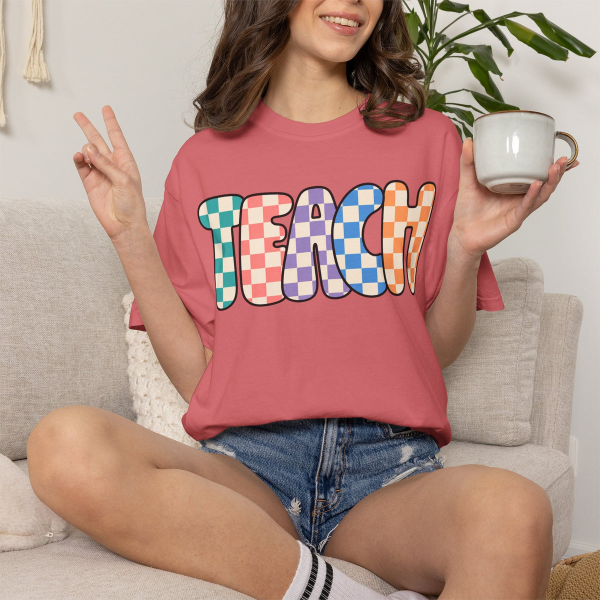 Teach Bubble Letters Checkerboard T-Shirt | Colorful Retro School Tee