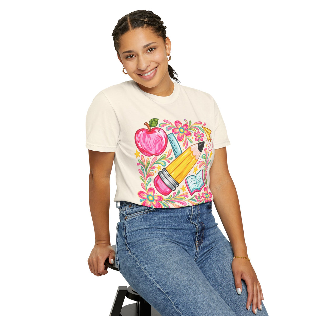 School Supplies Pencil Apple Floral T-shirt | Teacher Student Back to School