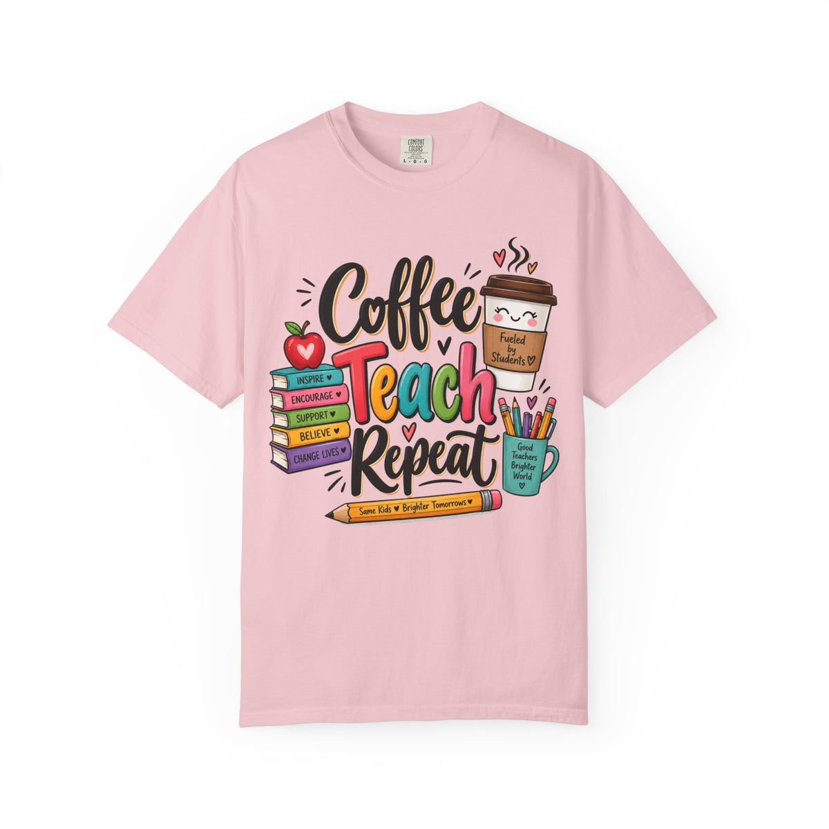 Coffee Teach Repeat T-shirt | Teacher Coffee Book Stack Pencil Mug Design
