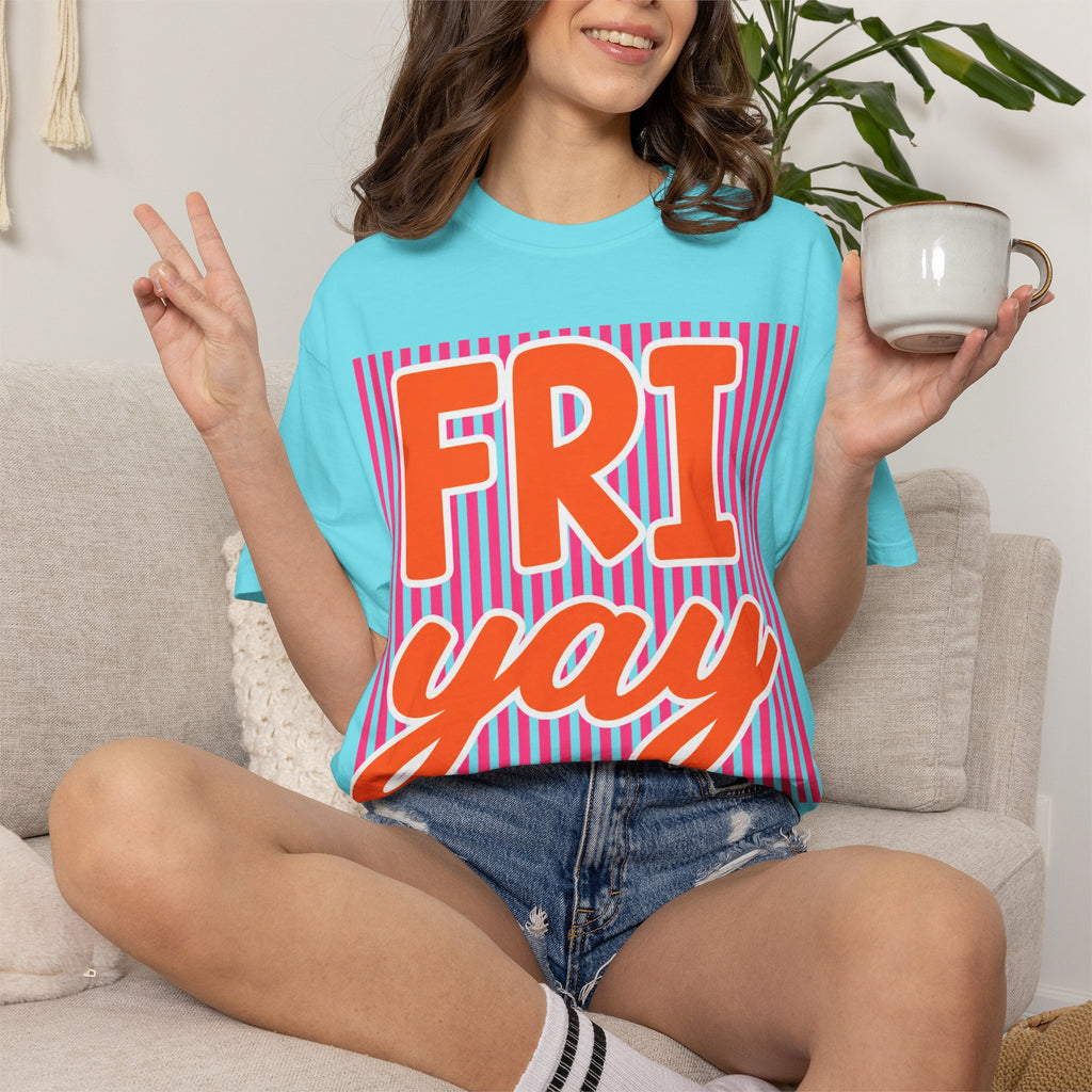 FRI yay T-shirt | Bright Retro Text, Pink Stripes