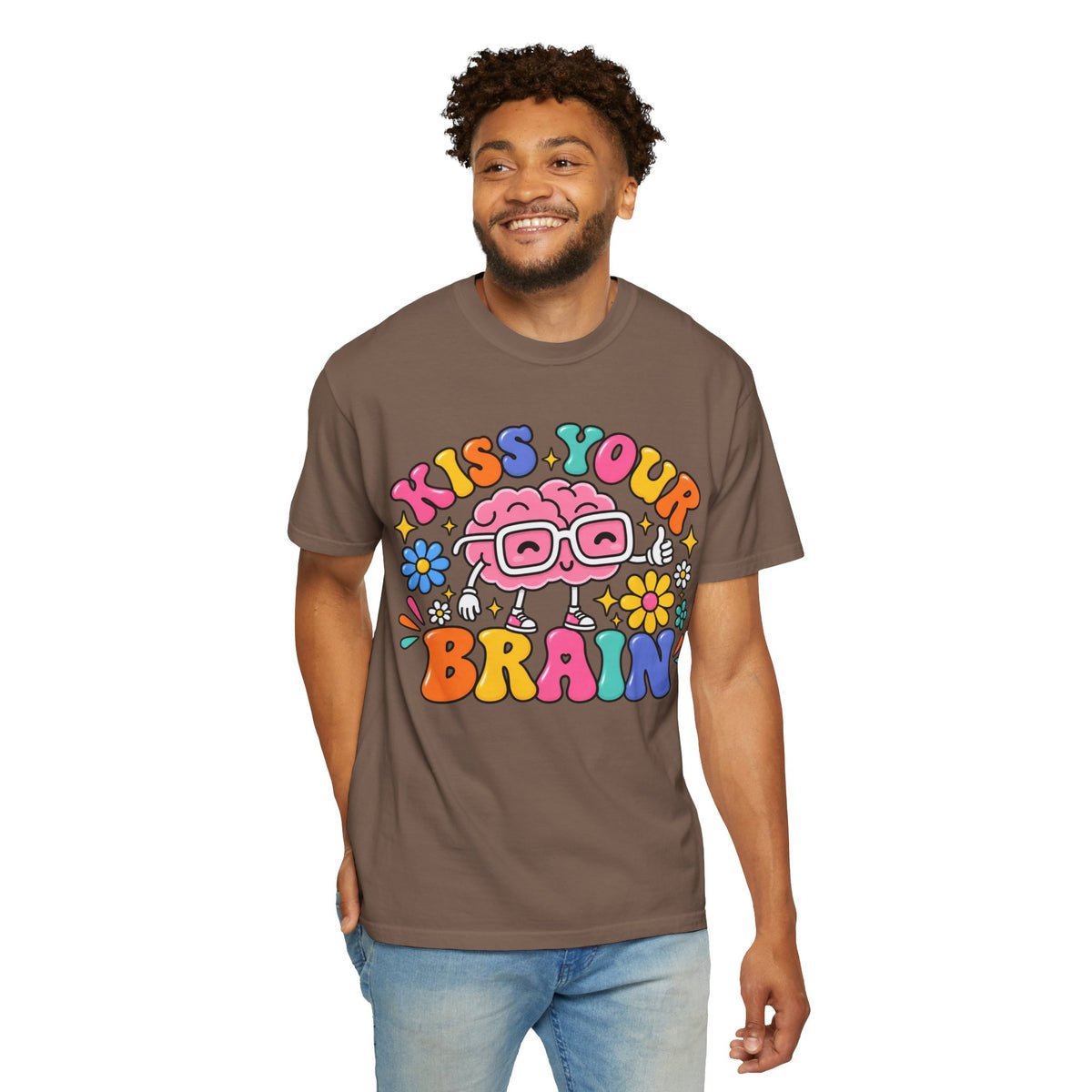Kiss Your Brain BRI TEE | T-Shirt, Retro Cartoon Brain with Flowers
