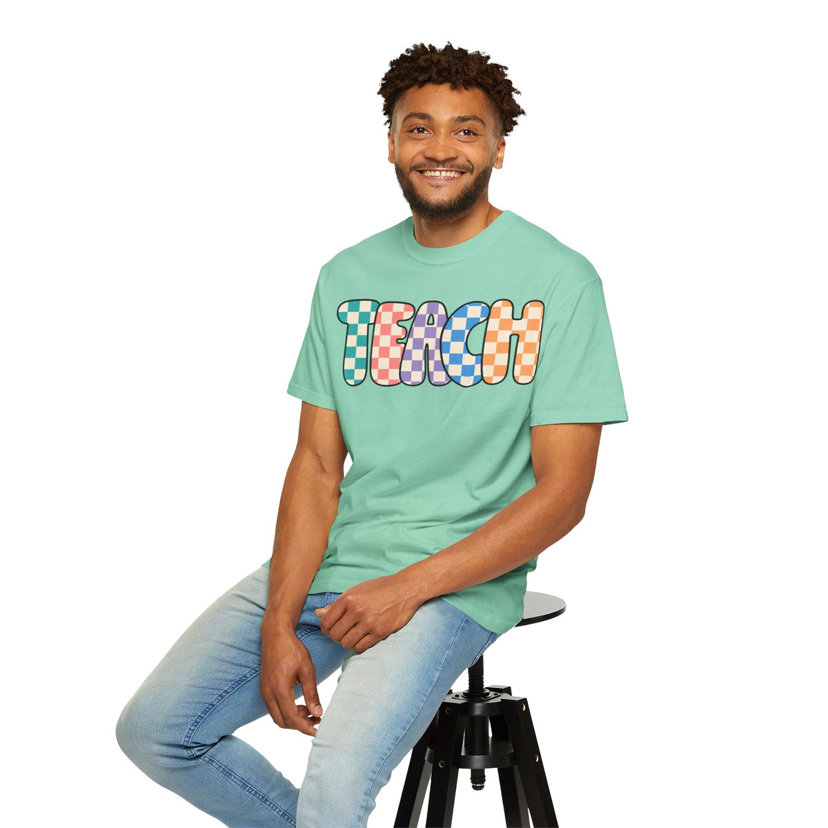 Teach Bubble Letters Checkerboard T-Shirt | Colorful Retro School Tee