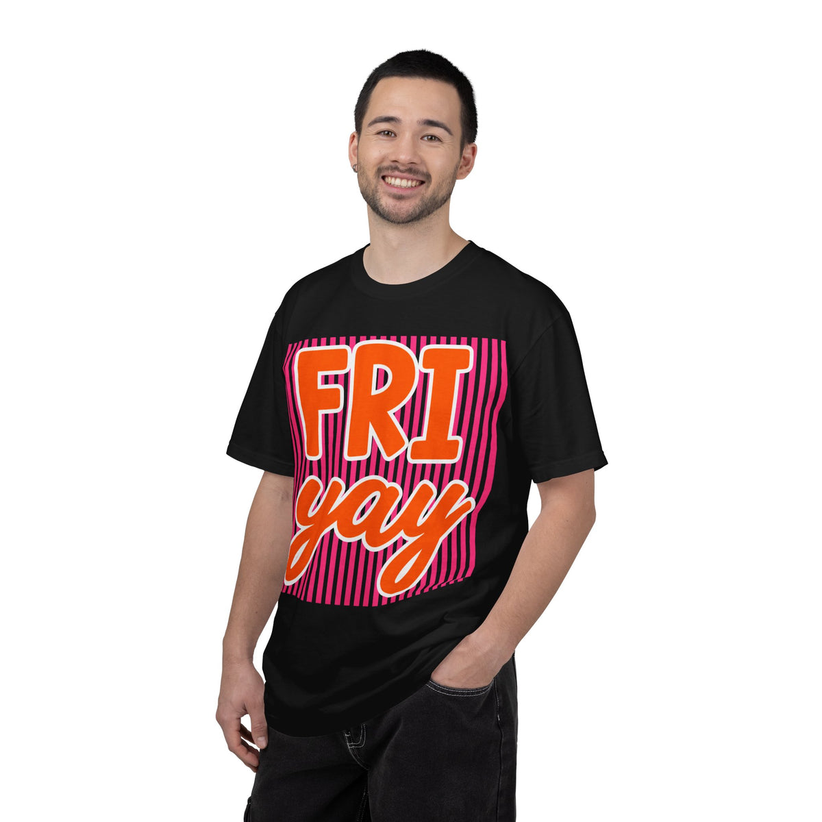 FRI yay T-shirt | Bright Retro Text, Pink Stripes
