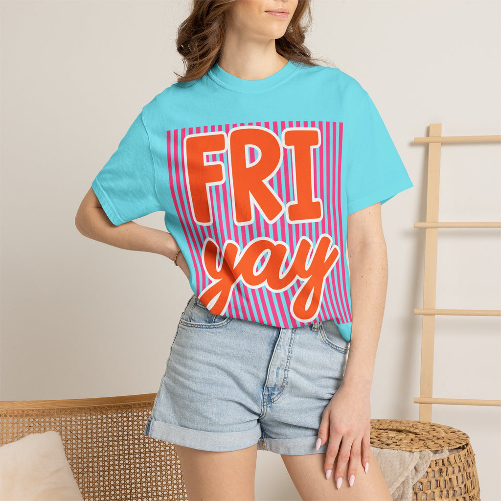 FRI yay T-shirt | Bright Retro Text, Pink Stripes