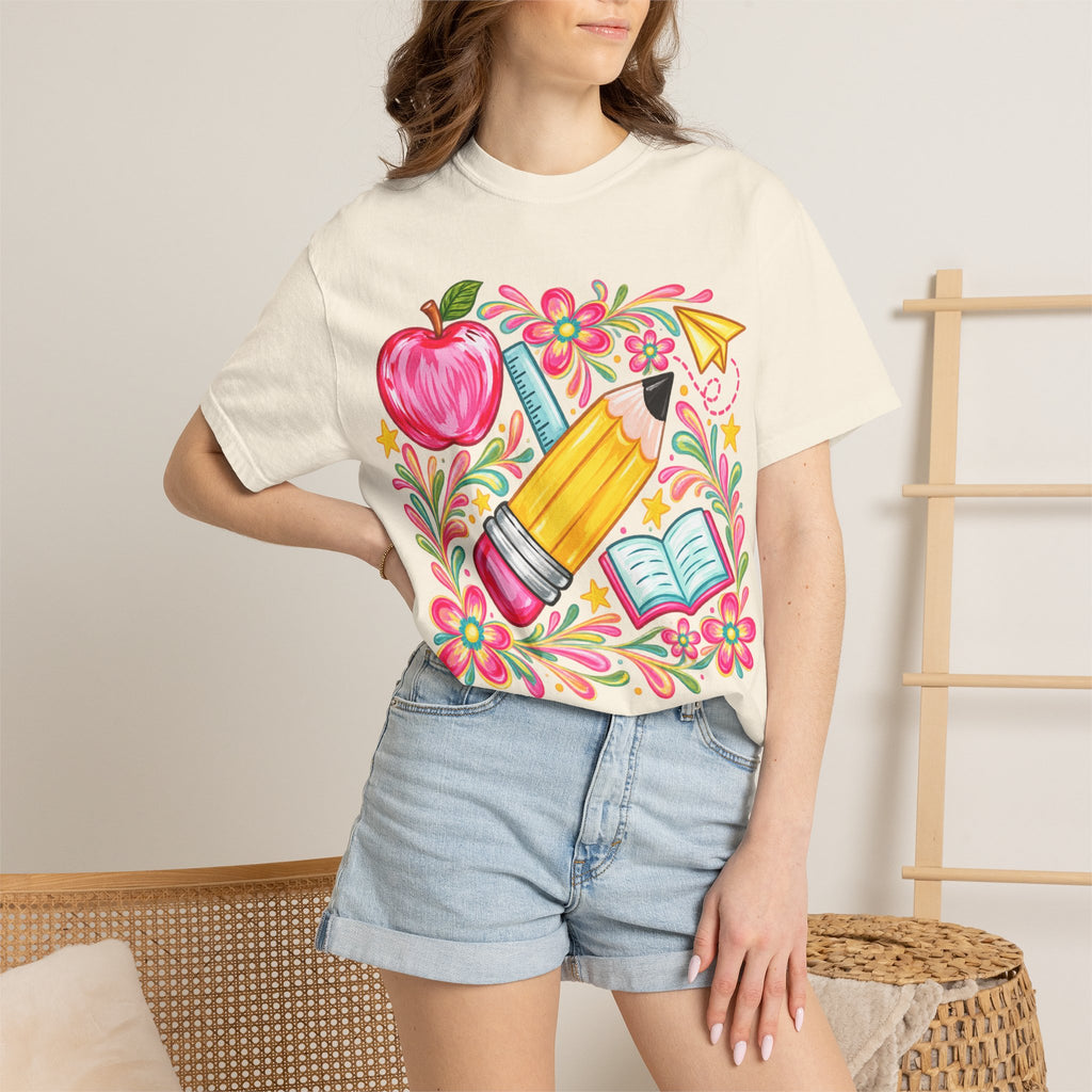 School Supplies Pencil Apple Floral T-shirt | Teacher Student Back to School