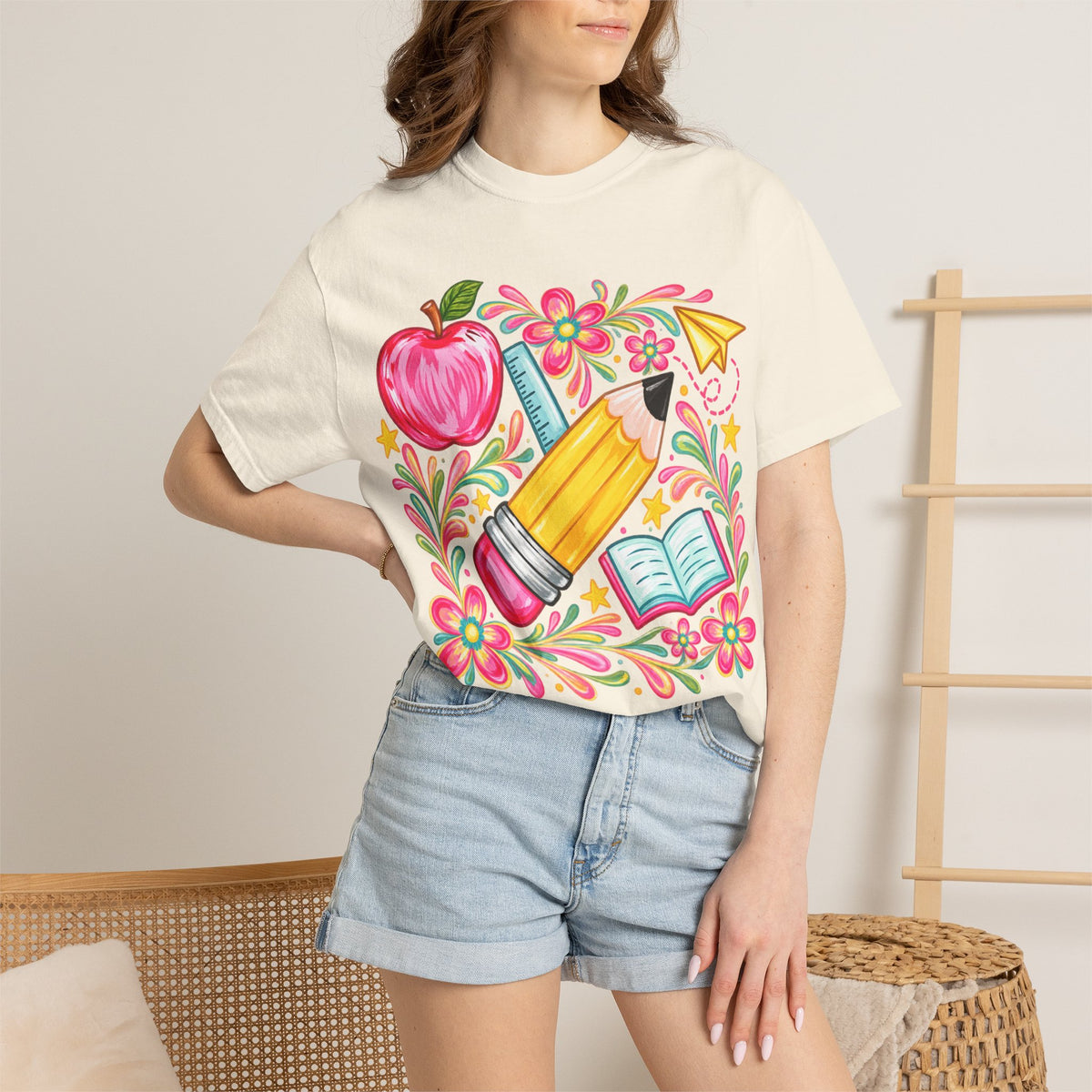 School Supplies Pencil Apple Floral T-shirt | Teacher Student Back to School
