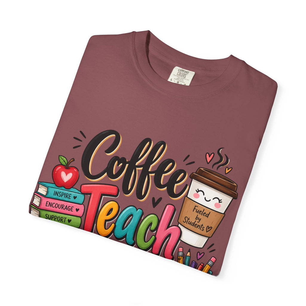 Coffee Teach Repeat T-shirt | Teacher Coffee Book Stack Pencil Mug Design