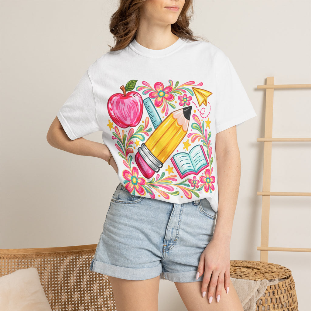 School Supplies Pencil Apple Floral T-shirt | Teacher Student Back to School